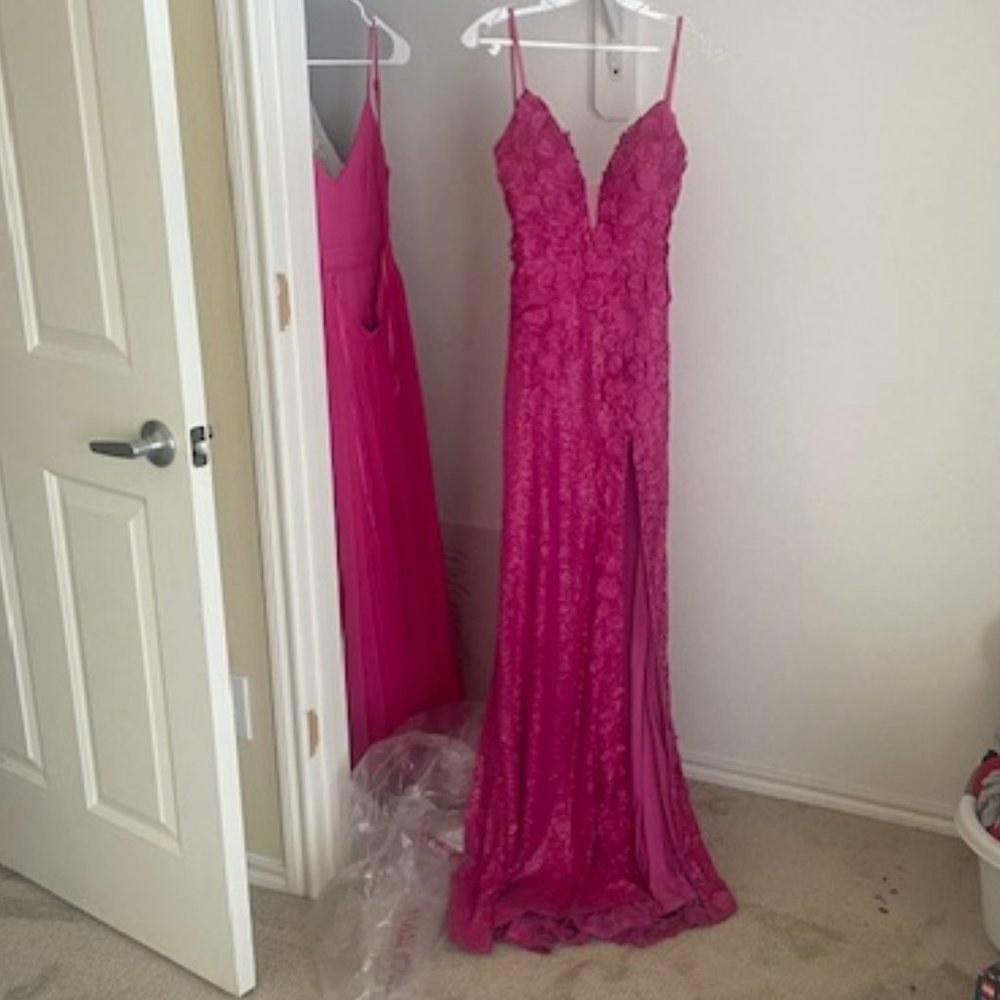 Jovani Floral Appliques Backless Prom Dress Hot Pink